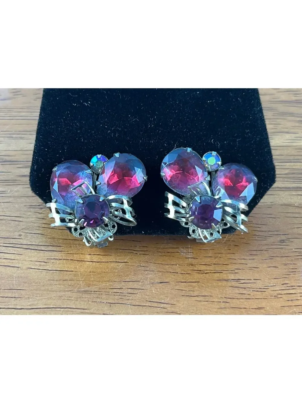 VTG Amethyst Toned & Auora Borealis Rhinestone Clip One Earrings MCM